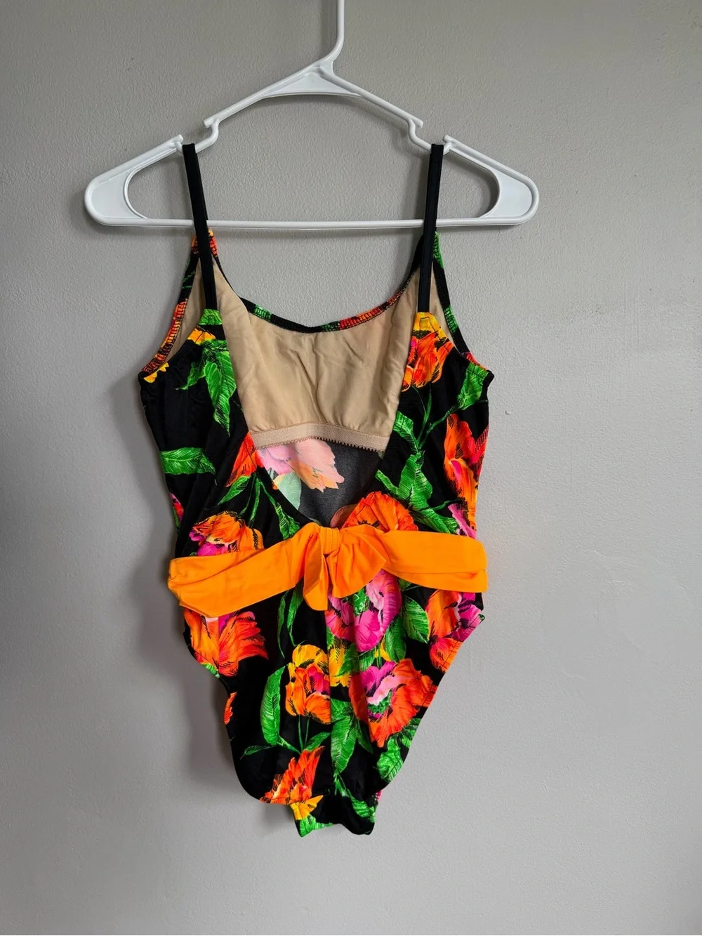 Vintage 80s One Piece Swimsuit Neon Floral Black Bow Back Made in USA ILGWU S/M
